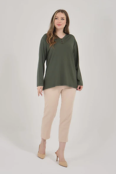 Kadın V Yaka Likralı Büyük Beden Orta Yaş Anne Penye Bluz - 11