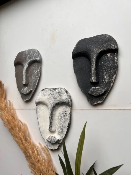 El Yapımı Taş Heykel Soyut Yüz Maske 3'li Set, Modern beton, eskitme taş görünümlü duvar dekor - 3