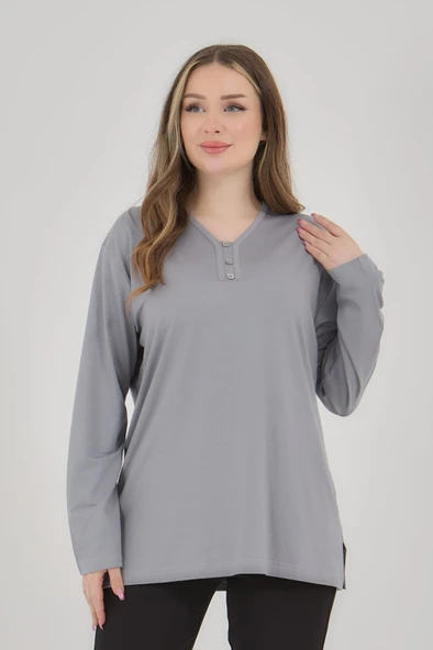 Kadın V Yaka Likralı Büyük Beden Orta Yaş Anne Penye Bluz - 6