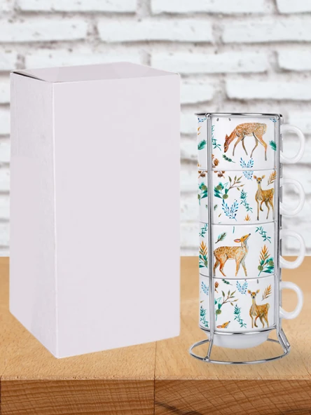 DeepCraft Stantlı 4'lü Fincan Seti Çıkmaz Baskılı Ceylan Desenli 4 Adet Fincan Seti 190 ml