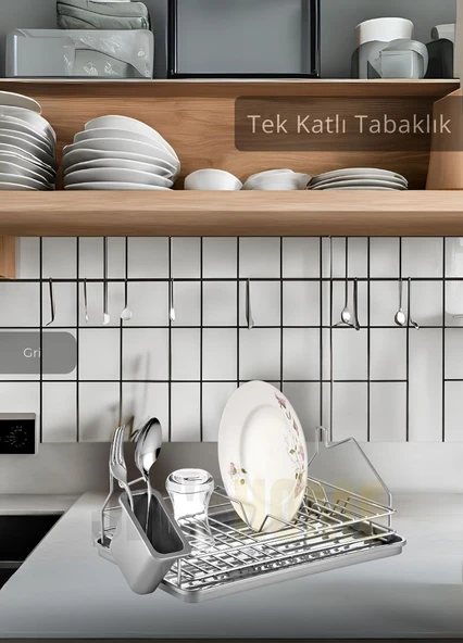 Tek Katlı Bulaşıklık Tezgah Üstü Tabaklık BPA FREE Bulaşık Sepeti Gri