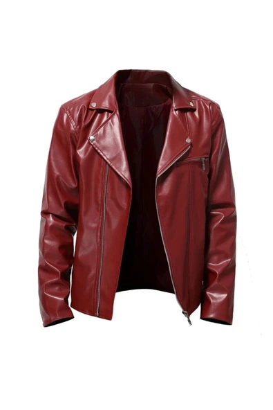 NYC GİYİM TEKSTİL Motorcu tarzı traşlı dana derisi biker mont bordo renk