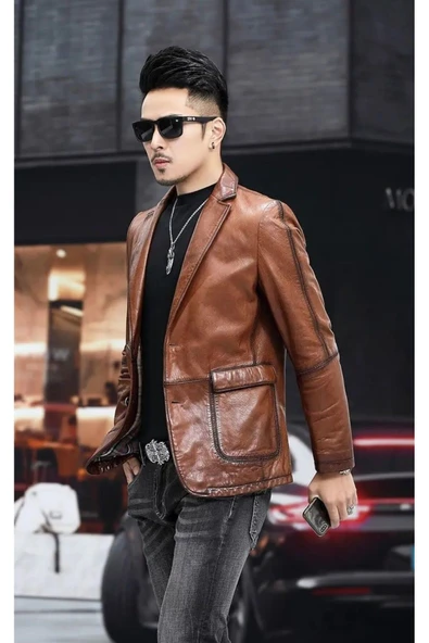 NYC GİYİM TEKSTİL Hakiki deri slim fit erkek ceket