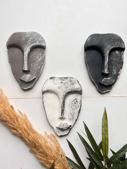 El Yapımı Taş Heykel Soyut Yüz Maske 3'li Set, Modern beton, eskitme taş görünümlü duvar dekor - 7