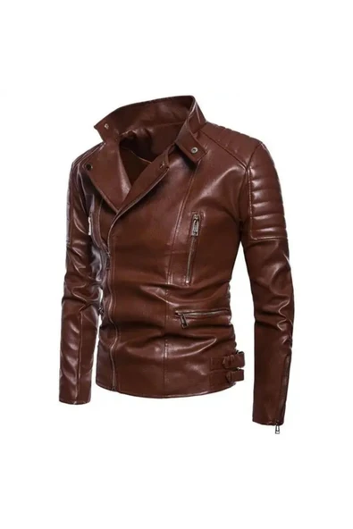NYC GİYİM TEKSTİL Motorcu tarzı kuzu derisi biker mont kahve renk