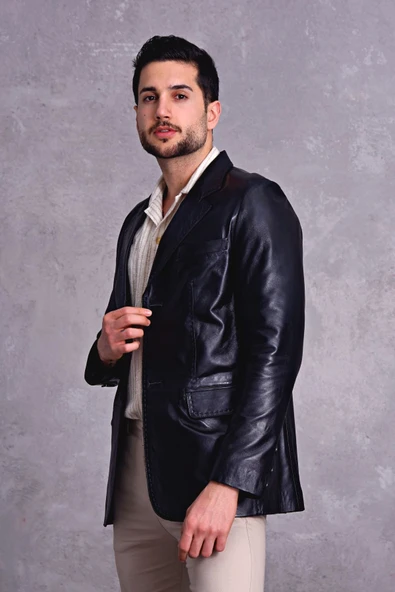 NYC GİYİM TEKSTİL Hakiki Deri Blazer Klasik Ceket Punto Dikişli