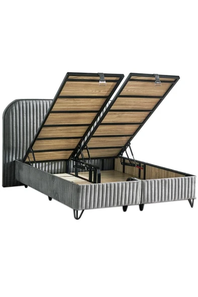 Niron  Line Visco Lüks Baza ve Başlık Seti 180x200 cm Çift Kişilik Baza ve Başlık Takımı Koyu Gri Babyface - Resim 2