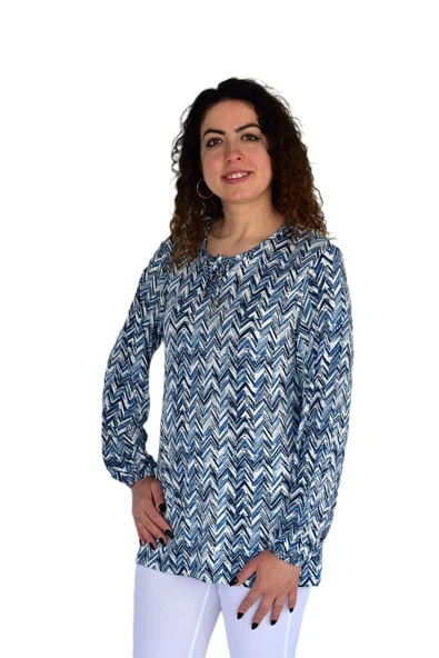 Kadın V Desen Baskılı Viscon Bluz BGL-ST04285 - Resim 3