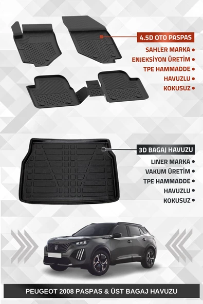 Sahler Peugeot 2008 2019+ Uyumlu 4.5d Premium Havuzlu Paspas ve Liner Marka 3D ÜST Bagaj Havuzu ürün görseli