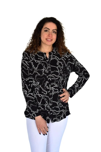 Kadın Zincir Baskılı  Düğmeli Viscon Bluz BGL-ST04266 - Resim 3