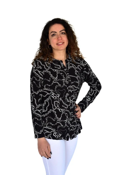 Kadın Zincir Baskılı  Düğmeli Viscon Bluz BGL-ST04266 - Resim 6