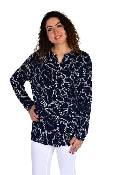 Kadın Zincir Baskılı  Düğmeli Viscon Bluz BGL-ST04266 - Resim 5