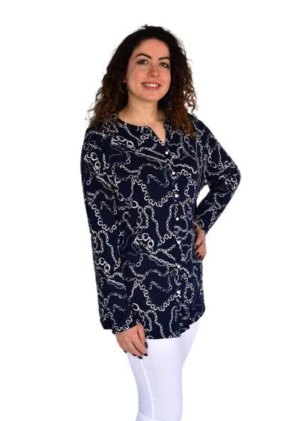Kadın Zincir Baskılı  Düğmeli Viscon Bluz BGL-ST04266 - Resim 7