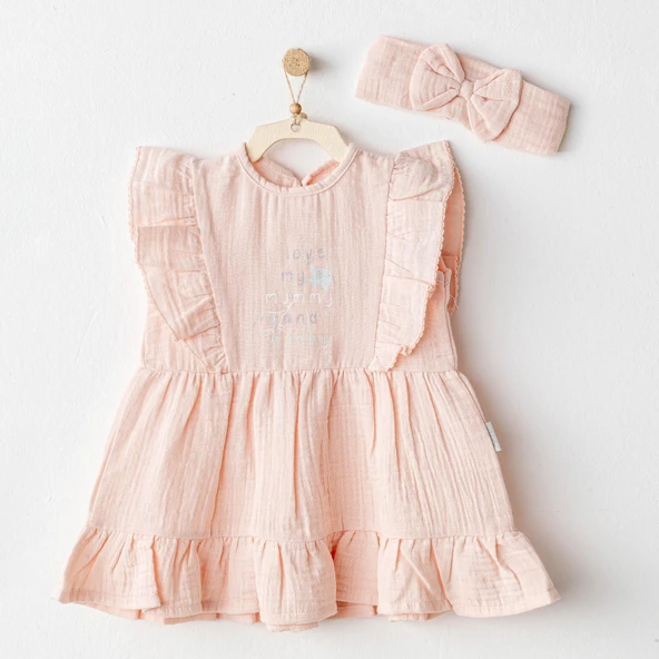 Kız Bebek Elbise Takim Dress Band Set Love Family Muslin AC25521