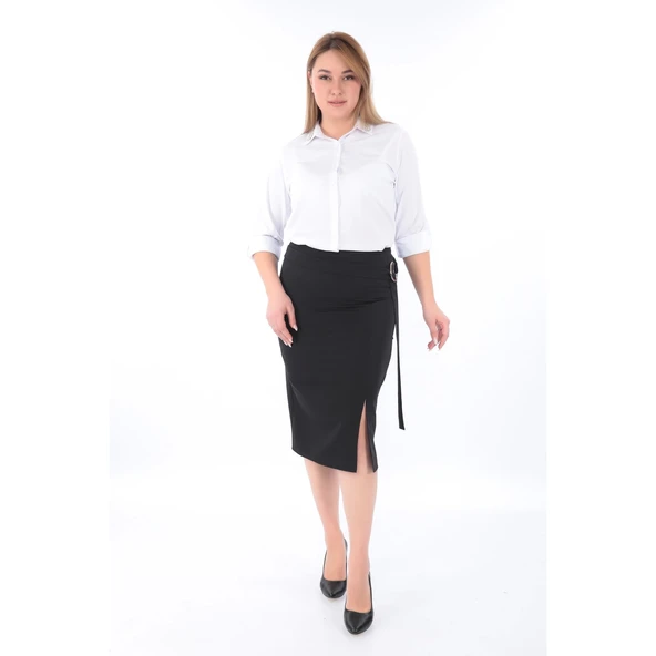 Kadın Yakası Taşlı Cotton Klasik Büyük Beden Ofis Gömlek - 44377 - 2