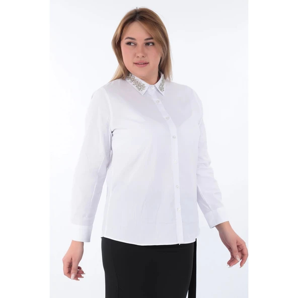 Kadın Yakası Taşlı Cotton Klasik Büyük Beden Ofis Gömlek - 44377 - 4