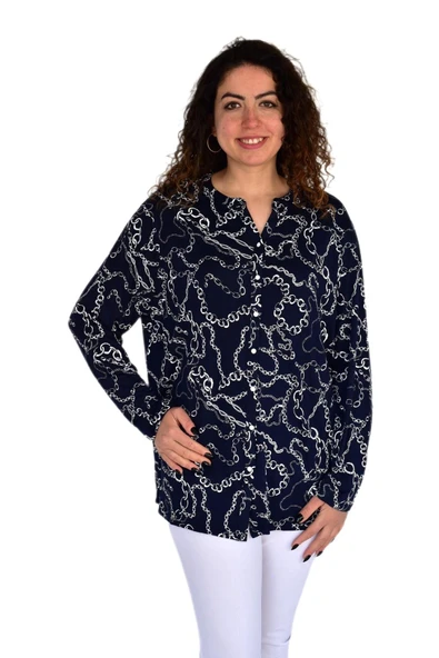 Kadın Zincir Baskılı  Düğmeli Viscon Bluz BGL-ST04266 ürün görseli