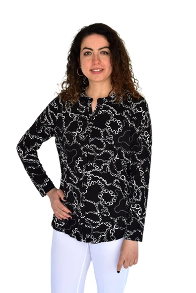 Kadın Zincir Baskılı  Düğmeli Viscon Bluz BGL-ST04266 - Resim 4