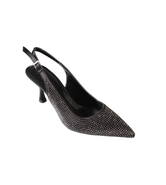 YAZKIŞ Kadın Siyah Gümüş Üzeri Full Taş Önü Sivri Arkası Açık 8cm İnce topuk Ayakkabı - Resim 2