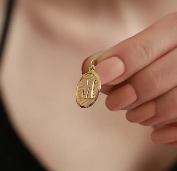 14 Ayar Altın Vintage Oval M Harf Kolye Ucu özden kuyumcusu