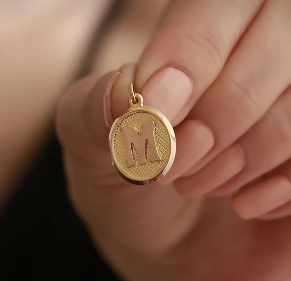 14 Ayar Altın Vintage Oval M Harf Kolye Ucu özden kuyumcusu - Resim 3