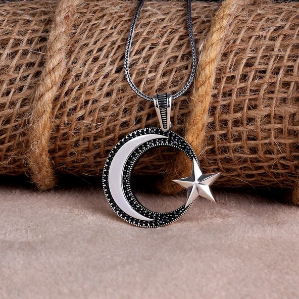 925 AYAR GÜMÜŞ MİKRO TAŞLI AYYILDIZ MODEL MADALYON KOLYE - Resim 2