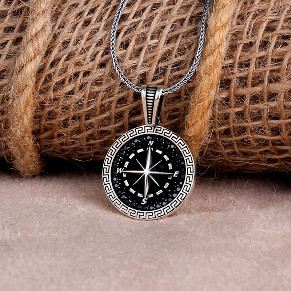 925 AYAR GÜMÜŞ MİKRO TAŞLI PUSULA MODEL KOLYE - Resim 2