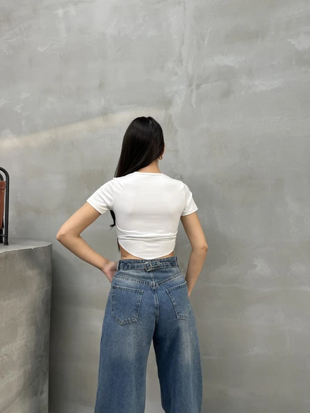 Kadın Crop Tişört Kısa Kollu Bisiklet Yaka Dikiş Detaylı - Resim 6