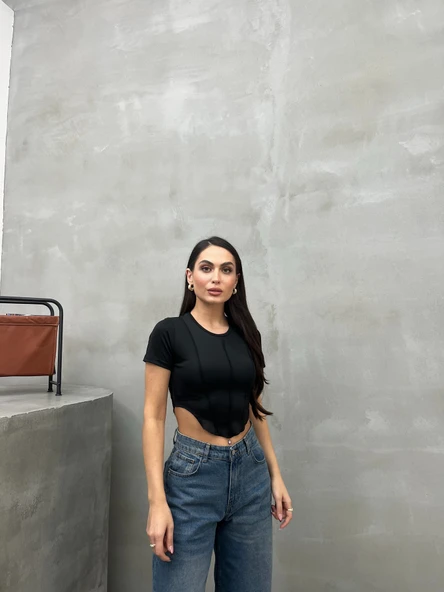 Kadın Crop Tişört Kısa Kollu Bisiklet Yaka Dikiş Detaylı - Resim 10