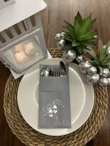 Gümüş Yaldızlı Kumaş Dokulu İftar Vakti Gri Cepli Peçete 6 lı ürün görseli 1