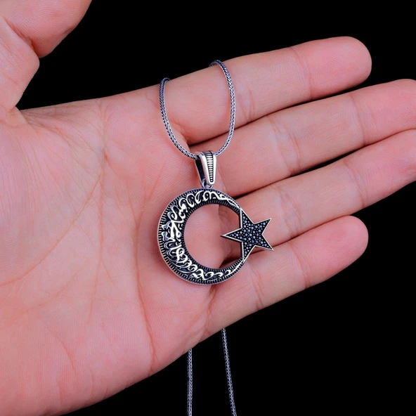 925 AYAR GÜMÜŞ KELİME-İ TEVHİD AY YILDIZ MODEL 2 MADALYON KOLYE - Resim 3