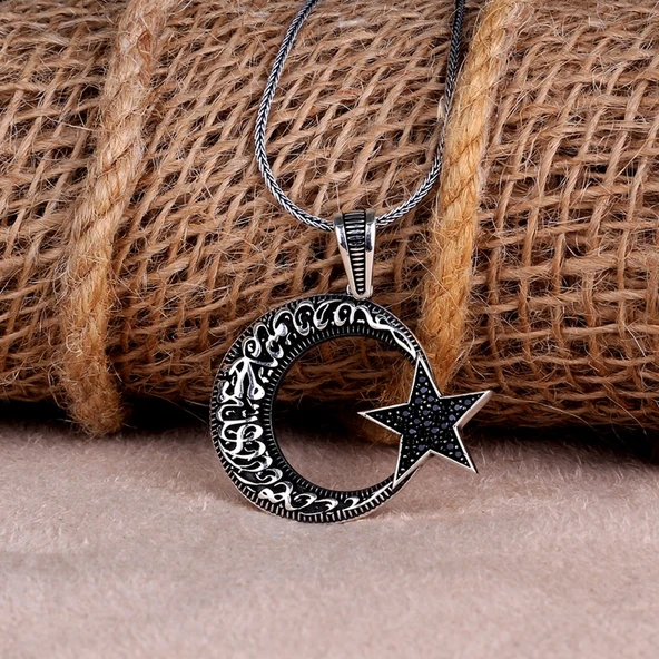 925 AYAR GÜMÜŞ KELİME-İ TEVHİD AY YILDIZ MODEL 2 MADALYON KOLYE - Resim 2