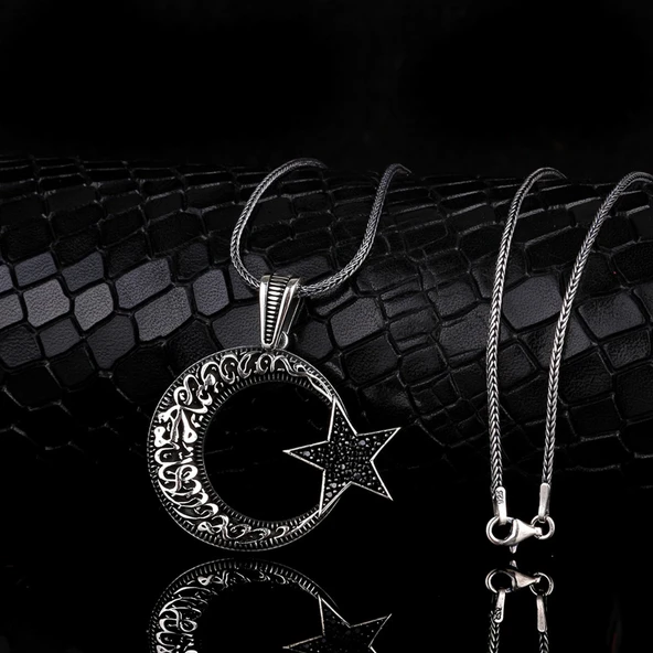 925 AYAR GÜMÜŞ KELİME-İ TEVHİD AY YILDIZ MODEL 2 MADALYON KOLYE ürün görseli