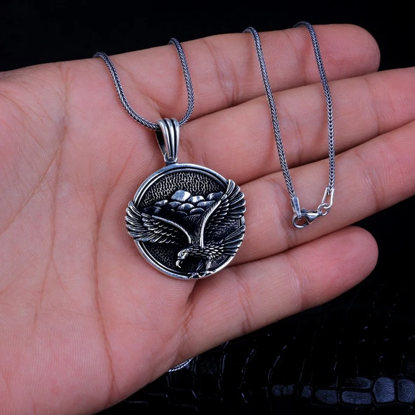 925 Ayar Gümüş Kartal Motifli Madalyon Kolye - Resim 3