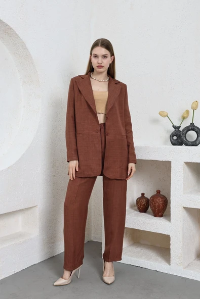 Kadın İkili Keten Blazer Ceket Pantolon Takım