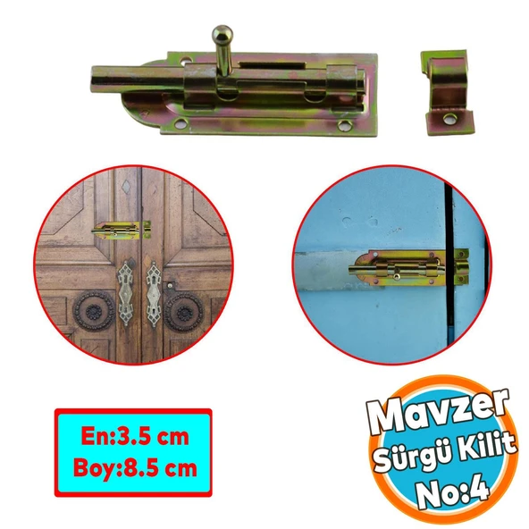 Mavzer Sürgü Kilit No:4 Kadmiyum 35x85 mm Kapı Pencere Emniyet Mandalı Kilidi