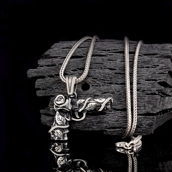 925 Ayar Gümüş Gül Desenli 14'Lü Model Erkek Kolye - Resim 2