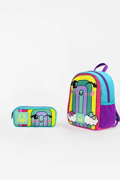 Benetton Gökkuşağı Desenli İkili Anaokul Çantası Seti(Anaokul Sırt Çantası, Çift Gözlü Kalem Kutusu) ürün görseli 1