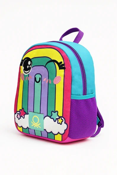 Benetton Gökkuşağı Desenli İkili Anaokul Çantası Seti(Anaokul Sırt Çantası, Çift Gözlü Kalem Kutusu) - Resim 3