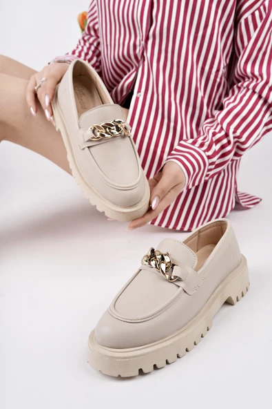 Muggo DAİLY Kalın Taban Tokalı Günlük Casual Makosen Kadın Loafer Ayakkabı - 8