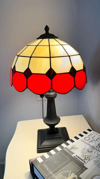 yüceeller El Yapımı Vitray Retro Barok Abajur Masa Lambası Oturma ve Yatak Odası Kırmızı Beyaz Siyah - 3
