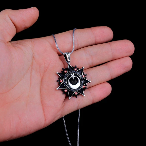 925 AYAR GÜMÜŞ AYYILDIZ MODEL ZİRKON TAŞLI MADALYON KOLYE - Resim 3