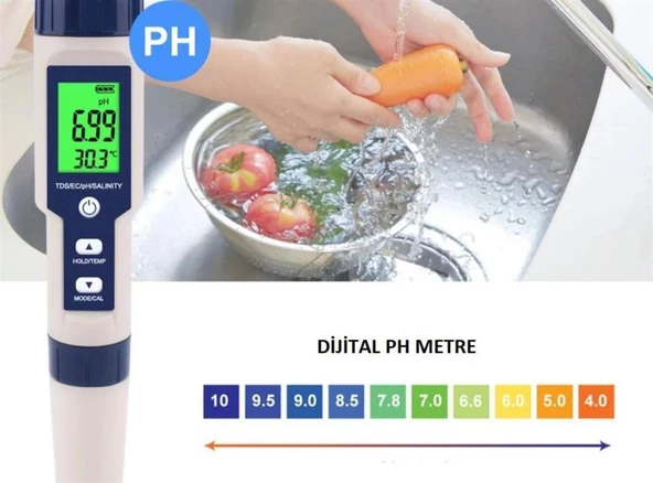 5in1 Dijital PH/TDS/EC/Tuzluluk/Sıcaklık Metre Işıklı Test Cihazı İletkenlik Kalem Model - 7