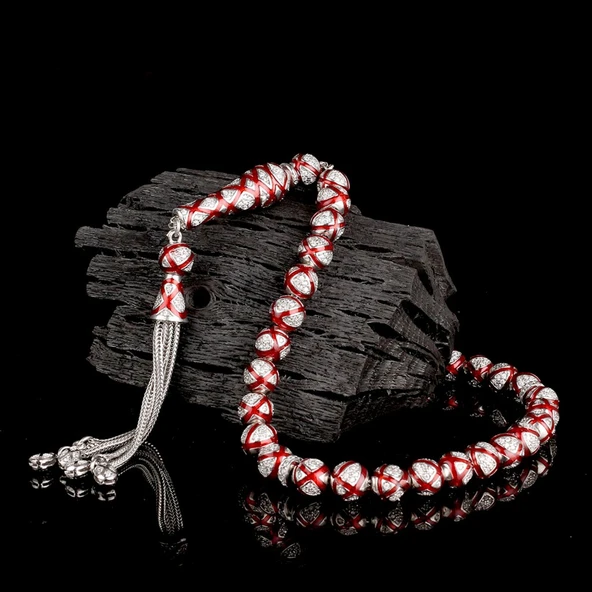 ZİRKON TAŞLI KIRMIZI MİNELİ 925 AYAR GÜMÜŞ TESBİH - Resim 2