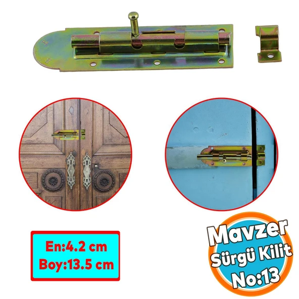 Mavzer Sürgü  Kilit No:14 Kadmiyum 42x135 mm Sürgülü Kapı Pencere Emniyet Kilidi Sürgüsü