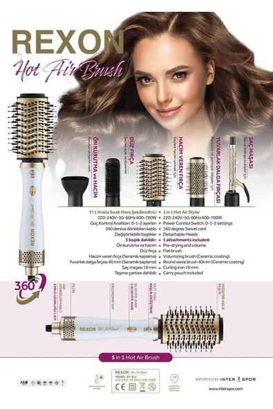Rexon 5in1 Hot Air Brush Saç Şekillendirme Cihazı - 3