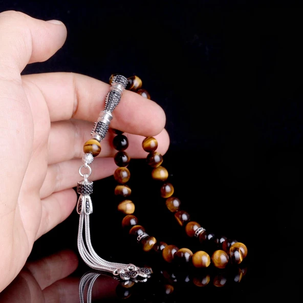 Zirkon Taşlı Gümüş Püsküllü Kaplangözü Taşı Tesbih - Resim 3