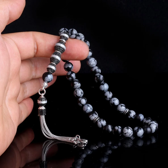 Zirkon Taşlı Gümüş Püsküllü Karlı Obsidyen Taşı Tesbih - Resim 3