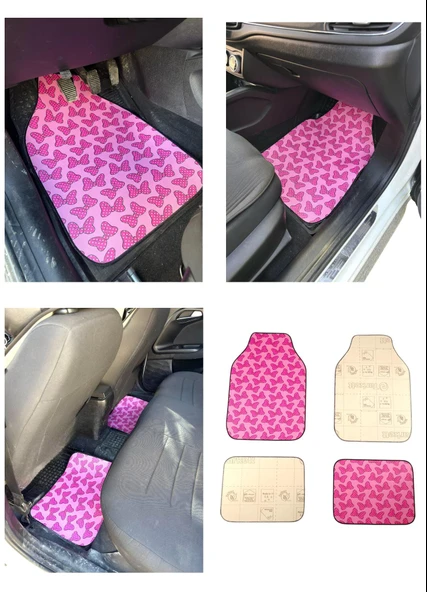 Oto Halı Paspas Universal 4 Parça Pembe Fiyonk Desenli - 3