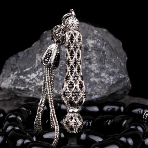 ZİRKON TAŞ İŞLEMELİ GÜMÜŞ PÜSKÜLLÜ ATEŞ KEHRİBAR TESBİH - Resim 4